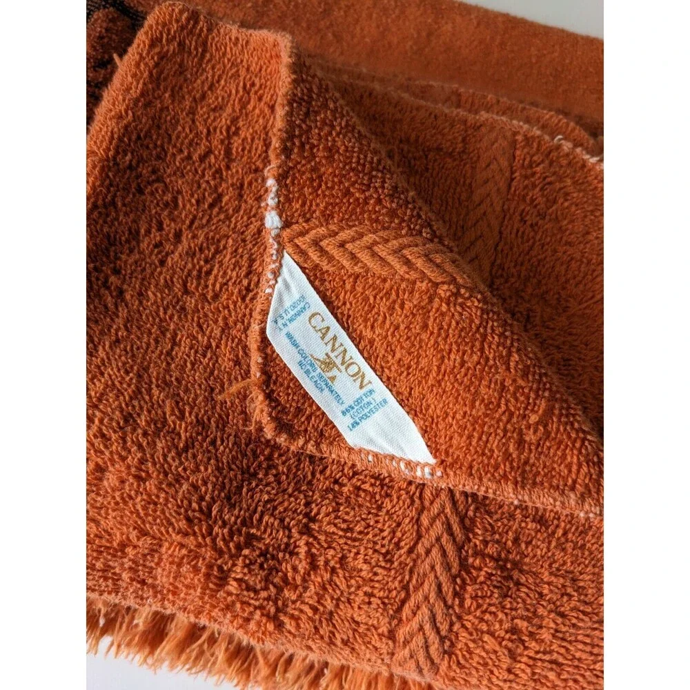 Vintage 70's Cannon Monticello Burnt Orange Sculpted Fringed Bath Towel Set of 3